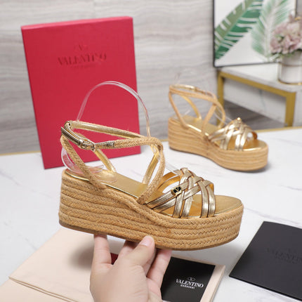 VALENTINO 26S WEDGE SANDALS 60MM IN GOLD CALFSKIN WITH BRAIDED STRAPS