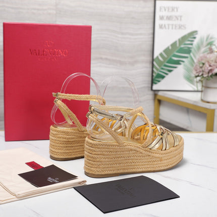 VALENTINO 26S WEDGE SANDALS 60MM IN GOLD CALFSKIN WITH BRAIDED STRAPS