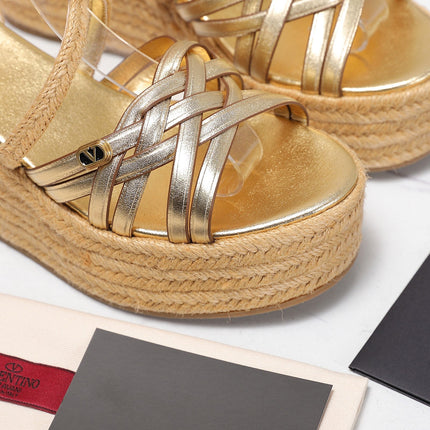 VALENTINO 26S WEDGE SANDALS 60MM IN GOLD CALFSKIN WITH BRAIDED STRAPS
