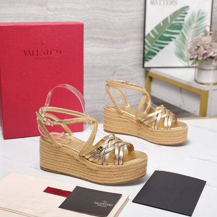 VALENTINO 26S WEDGE SANDALS 60MM IN GOLD CALFSKIN WITH BRAIDED STRAPS