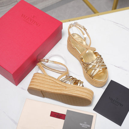 VALENTINO 26S WEDGE SANDALS 60MM IN GOLD CALFSKIN WITH BRAIDED STRAPS