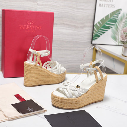 VALENTINO 26S WEDGE SANDALS 110MM IN WHITE CALFSKIN WITH BRAIDED STRAPS
