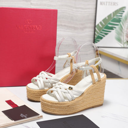 VALENTINO 26S WEDGE SANDALS 110MM IN WHITE CALFSKIN WITH BRAIDED STRAPS