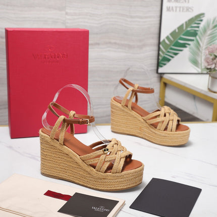 VALENTINO 26S WEDGE SANDALS 110MM IN TAN BROWN RAFFIA WITH BRAIDED STRAPS