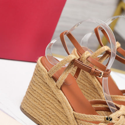VALENTINO 26S WEDGE SANDALS 110MM IN TAN BROWN RAFFIA WITH BRAIDED STRAPS