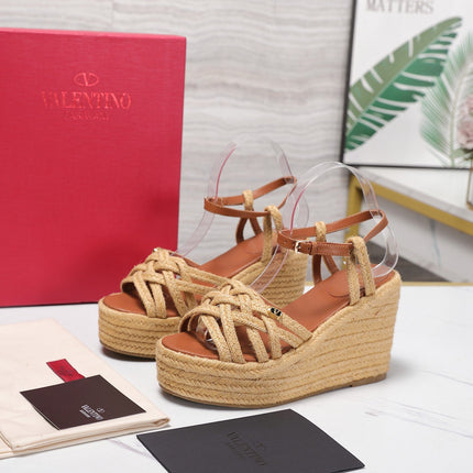 VALENTINO 26S WEDGE SANDALS 110MM IN TAN BROWN RAFFIA WITH BRAIDED STRAPS