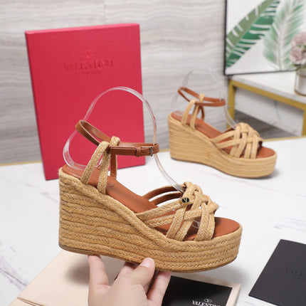 VALENTINO 26S WEDGE SANDALS 110MM IN TAN BROWN RAFFIA WITH BRAIDED STRAPS