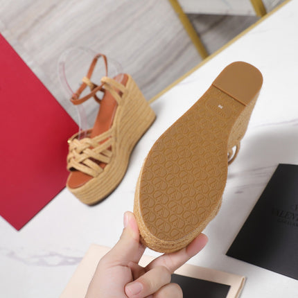 VALENTINO 26S WEDGE SANDALS 110MM IN TAN BROWN RAFFIA WITH BRAIDED STRAPS