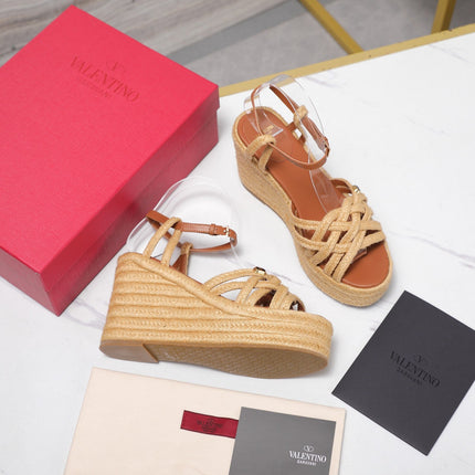 VALENTINO 26S WEDGE SANDALS 110MM IN TAN BROWN RAFFIA WITH BRAIDED STRAPS