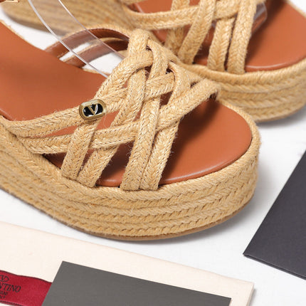 VALENTINO 26S WEDGE SANDALS 110MM IN TAN BROWN RAFFIA WITH BRAIDED STRAPS