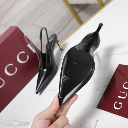 GUCCI 26S HEEL POINTED TOE SLINGBACK PUMPS 75MM IN BLACK CALFSKIN
