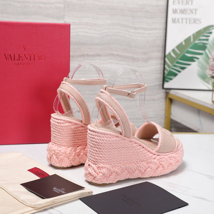 VALENTINO 26S WEDGE SANDALS 110MM IN LIGHT PINK CALFSKIN BRAIDED ROPE PLATFORM