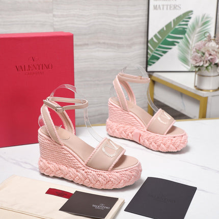 VALENTINO 26S WEDGE SANDALS 110MM IN LIGHT PINK CALFSKIN BRAIDED ROPE PLATFORM