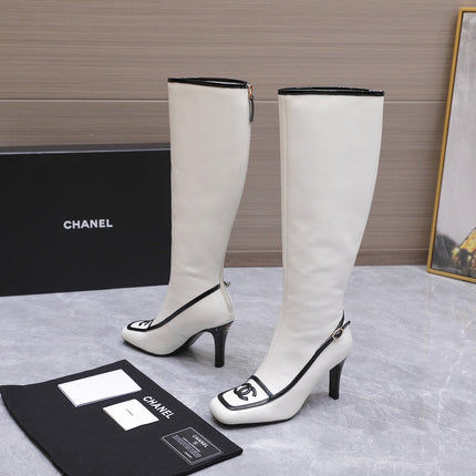 CHANEL 26S KNEE HIGH BOOTS 80 MM IN WHITE CALFSKIN WITH BLACK PATENT LEATHER TRIM AND CC LOGO ON TOE CAP
