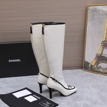 CHANEL 26S KNEE HIGH BOOTS 80 MM IN WHITE CALFSKIN WITH BLACK PATENT LEATHER TRIM AND CC LOGO ON TOE CAP