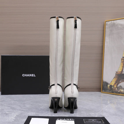 CHANEL 26S KNEE HIGH BOOTS 80 MM IN WHITE CALFSKIN WITH BLACK PATENT LEATHER TRIM AND CC LOGO ON TOE CAP
