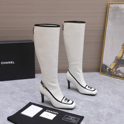 CHANEL 26S KNEE HIGH BOOTS 80 MM IN WHITE CALFSKIN WITH BLACK PATENT LEATHER TRIM AND CC LOGO ON TOE CAP