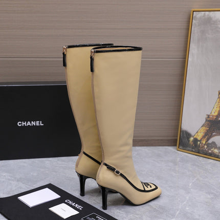CHANEL 26S KNEE HIGH BOOTS 80 MM IN BEIGE CALFSKIN WITH BLACK PATENT LEATHER TRIM AND CC LOGO ON TOE CAP