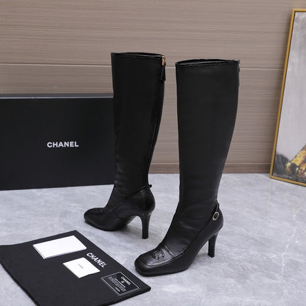 CHANEL 26S KNEE HIGH BOOTS 80 MM IN BLACK CALFSKIN WITH PATENT LEATHER TRIM AND CC LOGO ON TOE CAP