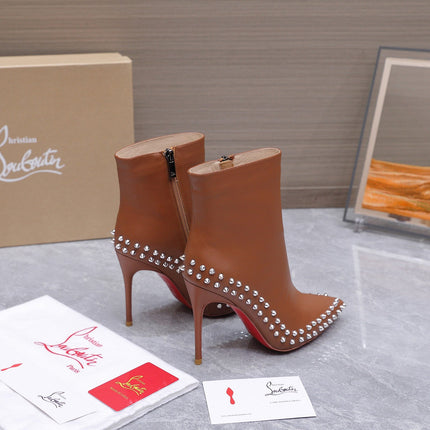 CHRISTIAN LOUBOUTIN 26S STUDDED ANKLE BOOTS 105 MM IN BROWN CALFSKIN