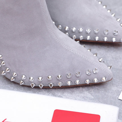 CHRISTIAN LOUBOUTIN 26S STUDDED ANKLE BOOTS 105 MM IN GREY SUEDE