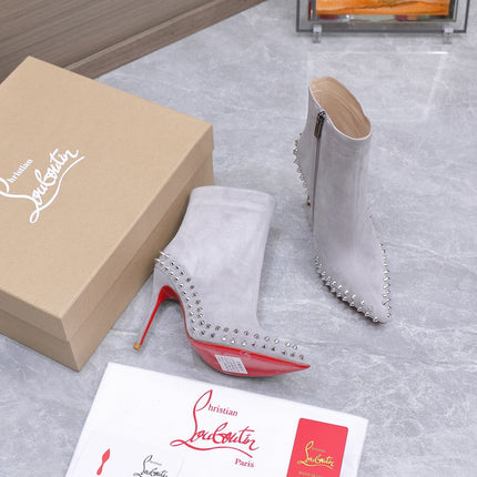 CHRISTIAN LOUBOUTIN 26S STUDDED ANKLE BOOTS 105 MM IN GREY SUEDE
