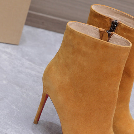 CHRISTIAN LOUBOUTIN 26S ANKLE BOOTS 105 MM IN CAMEL BROWN SUEDE