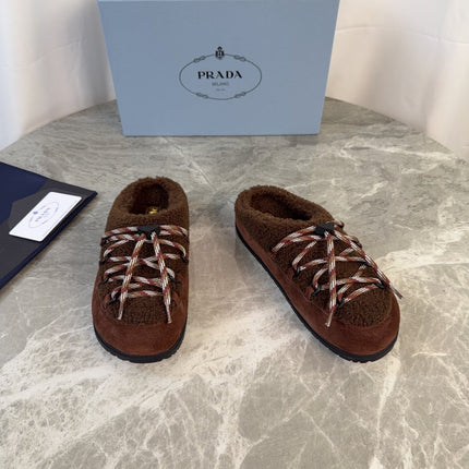 PRADA 26S WOVEN MULES IN DARK BROWN WOOL MIX SUEDE