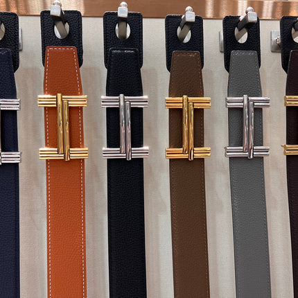 HM TRAVERSE BELT BUCKLE & REVERSIBLE BRONZE BROWN LEATHER STRAP 38 MM GOLD HARDWARE