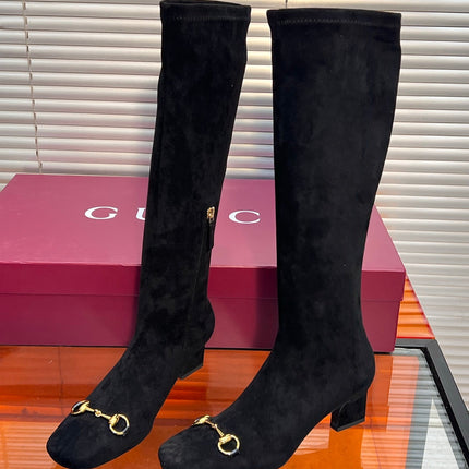 GUCCI 26S HORSEBIT KNEE-HIGH BOOTS 55 MM IN BLACK SUEDE
