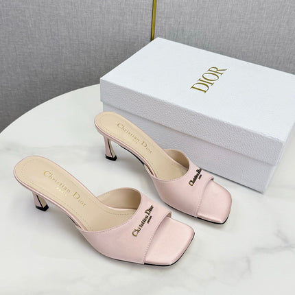 DIOR 26S HIGH-HEELED MULES IN LIGHT PINK SATIN GOLD HARDWARE