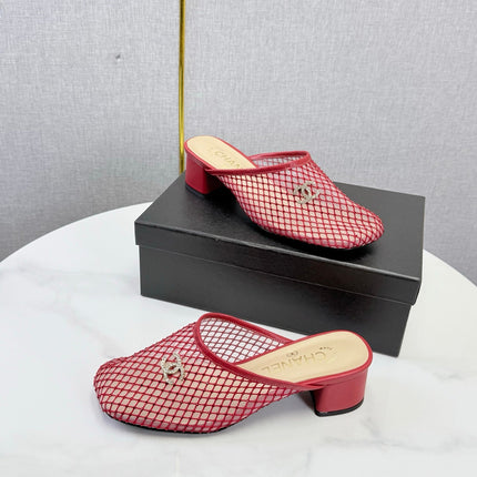 CHANEL 26S MESH HIGH HEEL MULES IN RED LAMBSKIN