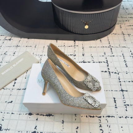 Hangisi 70 Gold Glitter Fabric Leather Jewel Buckle Pumps 912614