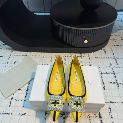 Hangisi 10mm Ballet Flat Yellow Linen with Black Leather Jewel Buckle 161061