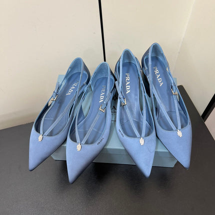 CUT-OUT BALLERINA FLAT IN PERANO BLUE SATIN ATTACHED BEAD BUCKLE