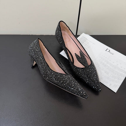 DIOR 26S POINTED-TOE HIGH HEELS 35MM IN BLACK SUEDE CRYSTAL