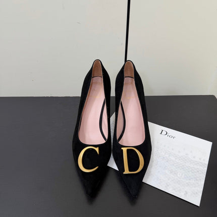 DIOR 26S POINTED-TOE HIGH HEELS 70MM IN BLACK SUEDE GOLD HARDWARE
