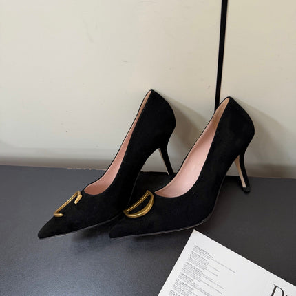 DIOR 26S POINTED-TOE HIGH HEELS 70MM IN BLACK SUEDE GOLD HARDWARE