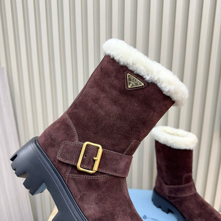 PRADA 25S MARTIN BOOTS IN DARK BURGUNDY BROWN SUEDE FUR-LINED