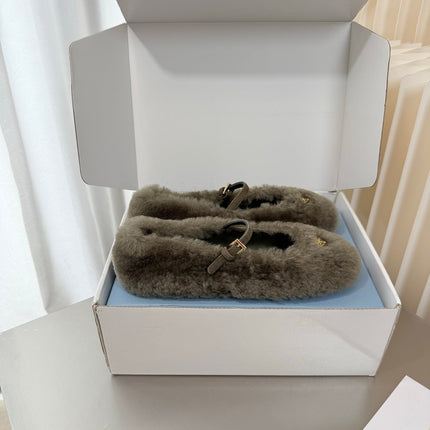 PRADA 26S MARY JANE BALLET IN TAUPE GREY SHEARLING