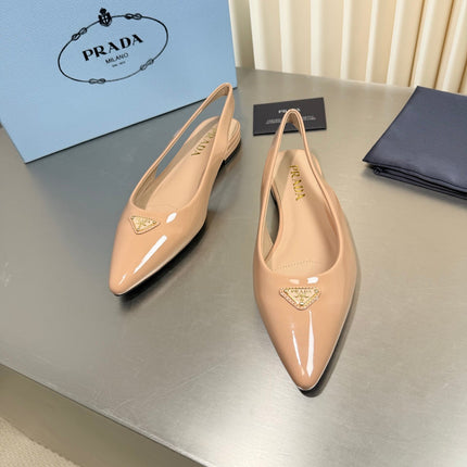PRADA 26S SLINGBACK FLATS IN BEIGE PATENT CALFSKIN WITH GOLD HARDWARE