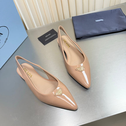 PRADA 26S SLINGBACK FLATS IN BEIGE PATENT CALFSKIN WITH GOLD HARDWARE
