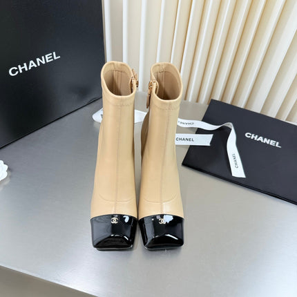 CHANEL 26S ZIPPER BOOTS 75 MM IN BEIGE CALFSKIN AND BLACK PATENT LEATHER SQUARE TOE HIGH