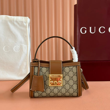 GUCCI 26S PADLOCK TOP HANDLE BAG 20 IN DARK BEIGE AND BROWN CALFSKIN