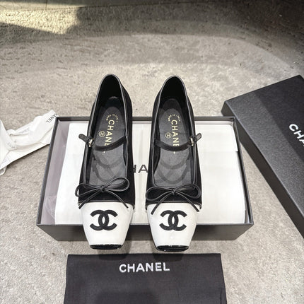 CHANEL 26S SQUARE TOE MARY JANE BALLET FLATS IN BLACK SUEDE AND WHITE PATENT CALFSKIN