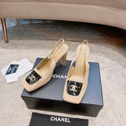 CHANEL 26S SQUARE TOE SLINGBACK PUMPS 95MM IN BEIGE AND BLACK SUEDE GOLD HARDWARE