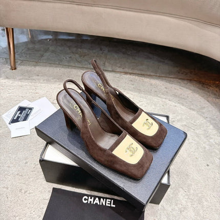 CHANEL 26S SQUARE TOE SLINGBACK PUMPS 95MM IN DARK BROWN AND BEIGE SUEDE GOLD HARDWARE