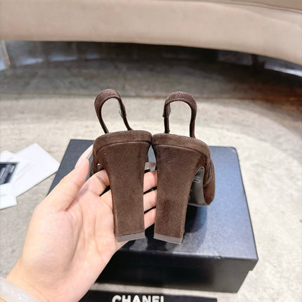 CHANEL 26S SQUARE TOE SLINGBACK PUMPS 95MM IN DARK BROWN AND BEIGE SUEDE GOLD HARDWARE