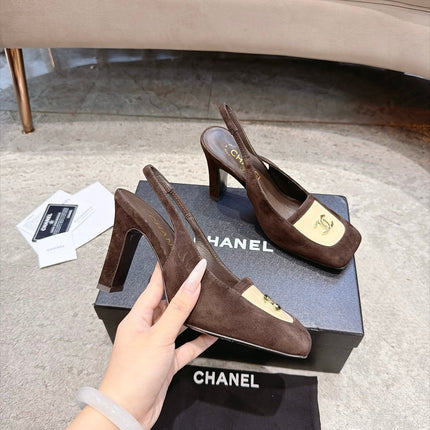CHANEL 26S SQUARE TOE SLINGBACK PUMPS 95MM IN DARK BROWN AND BEIGE SUEDE GOLD HARDWARE
