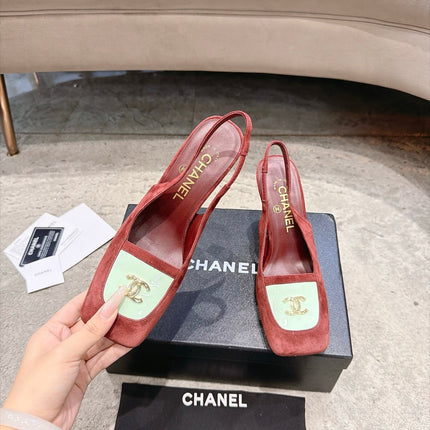 CHANEL 26S SQUARE TOE SLINGBACK PUMPS 95MM IN BURGUNDY RED AND WHITE SUEDE GOLD HARDWARE
